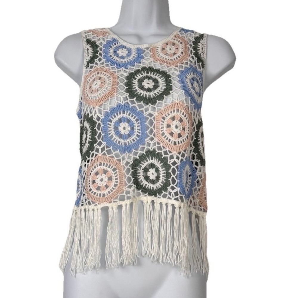 Blue Rain Francesca's Crochet Tank Top‎ Women XS Multicolor Fringe Boho ST21083